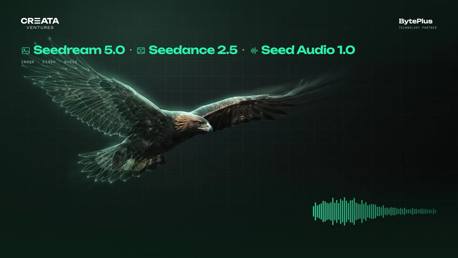 Creata Ventures × BytePlus key visual: a golden eagle in flight over a dark green grid, with the Seedream, Seedance and Seed Audio model line