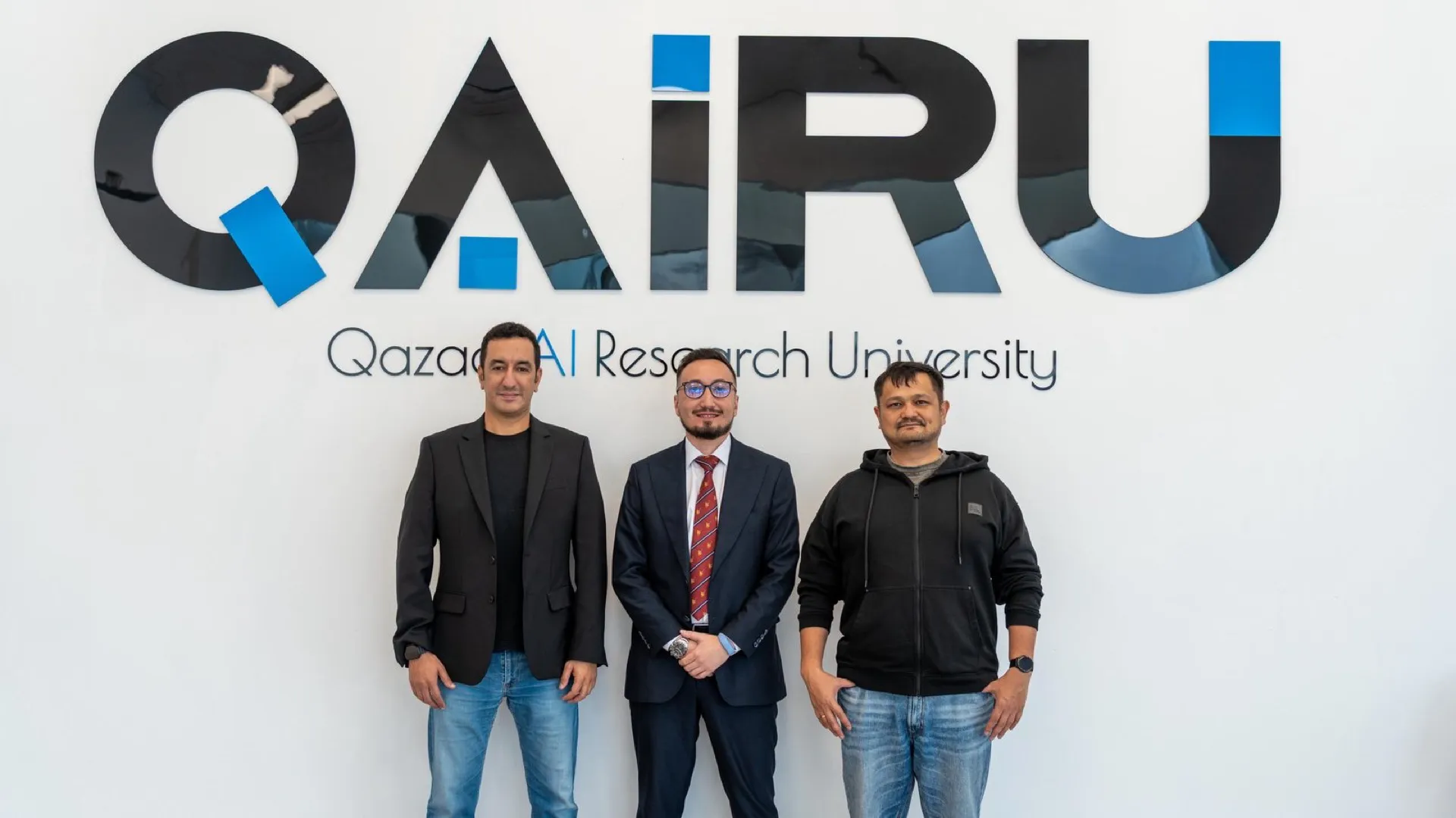 David Tuganov, Sapar Toksanov and Hicham Nouhou at the QAIRU campus in Astana